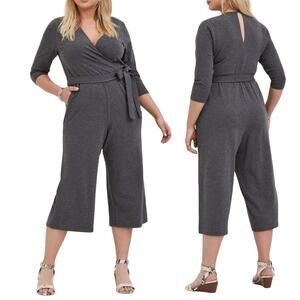 Torrid Jumpsuit Belted Cropped Wide Leg Cotton Jersey Knit Grey Plus Womens 2X